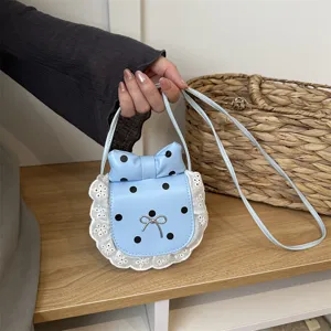 Korean cute mini shoulder bag for women, polka dot lace bow crossbody bag, stylish daily purse.