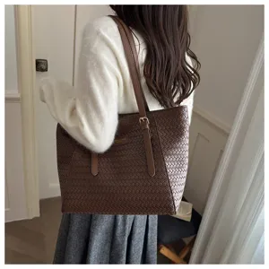 Bolso tote tejido marrón para mujer, elegante bolso de hombro de gran capacidad y clásico