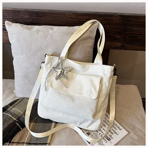 White corduroy tote bag with star pendant, casual large capacity shoulder bag for women.