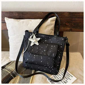 Black star print tote bag, large capacity canvas shoulder bag with star charm for women.