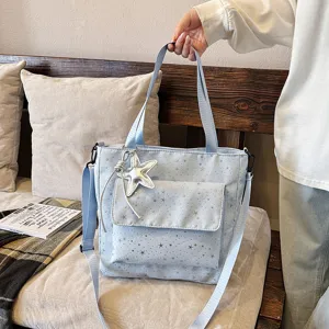 Fashionable large capacity tote bag for women, casual commuter shoulder bag with star print.