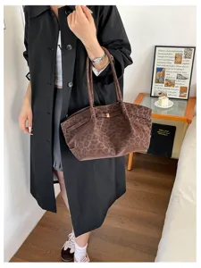 Grande borsa a spalla tote in pelle scamosciata leopardata retro per donna lavoro moda