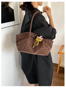 Borsa tote in camoscio leopardato marrone grande capacità borsa a spalla vintage.