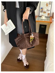 Borsa tote rétro in camoscio con stampa leopardato per donna, grande borsa a spalla per il lavoro.