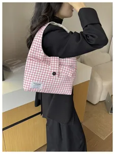Red and white plaid shoulder bag for women, casual tote hobo bag with front pocket.