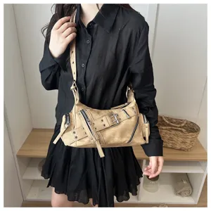 Vintage motorcycle shoulder bag for women, retro PU leather buckle cross-body handbag.