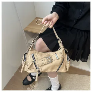 Retro motorcycle shoulder bag with buckle details and zippers, stylish PU leather crossbody bag.