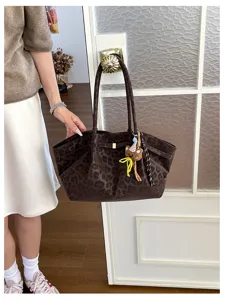 Borsa tote in camoscio leopardato marrone da donna, grande borsa a spalla vintage.