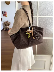 Grande capacità borsa a spalla in camoscio leopardato borsa shopper retro casual per donna