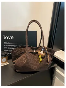 Borsa tote in camoscio marrone con stampa leopardo, grande borsa a spalla da donna.