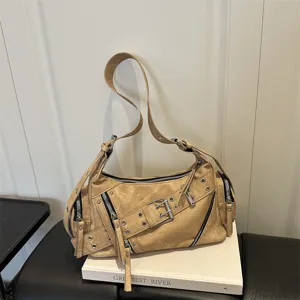 Vintage Motorcycle PU Leather Underarm Bag For Women Retro Y2K Punk Multi Zipper Belt Buckle Spliced Shoulder Crossbody Bag