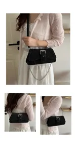 Korean style black velvet baguette shoulder bag with chic metal buckle and chain strap for women.