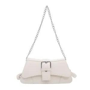 Trendy white leather shoulder bag with metal chain and front buckle design for women.