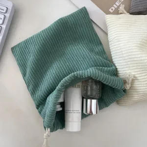Corduroy drawstring cosmetic bag organizer details