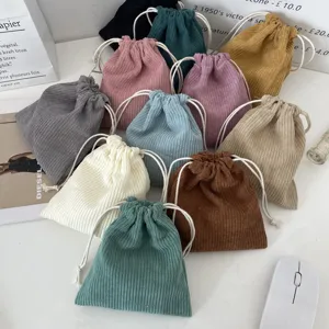 Minimalist Corduroy Drawstring Cosmetic Bag Solid Color Portable Makeup Pouch Large Capacity Travel Storage Bag For Women