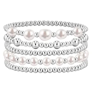 Stackable pearl and silver bead bracelets set for women, elegant minimalist fashion jewelry.