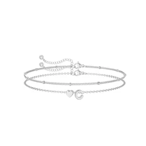Silver double layer bracelet with heart and letter C charm for summer beach jewelry style.