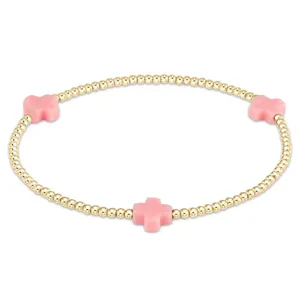 Gold Beaded Stretch Bracelet with Pink Cross Charms Stackable Elegant Women Jewelry.