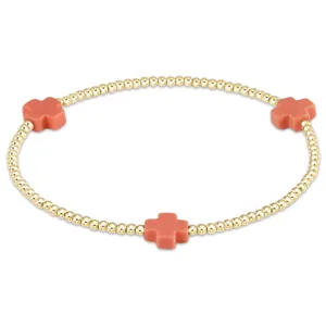 14K gold beaded bracelet with pink cross charms, elegant stretch stackable jewelry for women.
