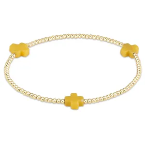 14K gold plated beaded bracelet with yellow cross charms, elegant stretch wrist jewelry