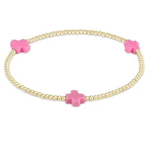 Gold metallic bead stretch bracelet with three pink cross charms for women fashion jewelry