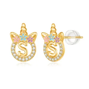 Boucles d'Oreilles Clous Licorne 26 Lettres Initiales Cuivre Zircone Fleurs en Émail Coloré Boucles d'Oreilles Tige en Argent S925 Bijoux Femme Initial