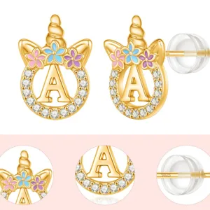 Boucles d'oreilles licorne lettre A plaquées or avec zirconias colorés et cristaux femmes
