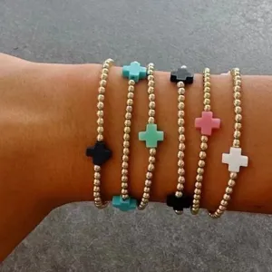 Fashion Alloy Cord Beaded Stretch Bracelet For Women Minimalist Geometric Gold Metal Beads Elastic Strand Cross Charm Bracelet Jewelry Gift