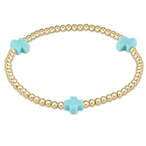 Gold bead stretch bracelet with blue cross charms, minimalist 14K gold plated fashion jewelry.