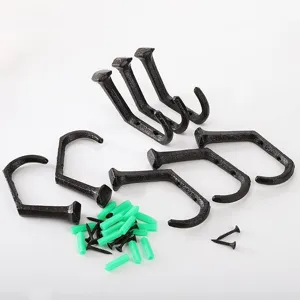 Set of 6 rustic cast iron railway spike wall hooks with mounting screws and anchors