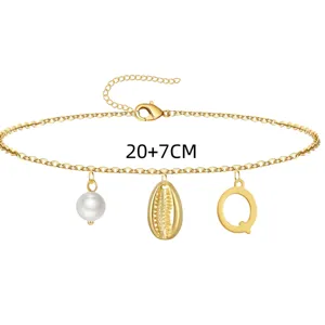 Gold stainless steel anklet with pearl shell and letter Q charm adjustable length.