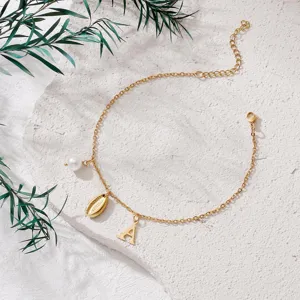 Gold stainless steel anklet with letter, shell and pearl charms for women summer beach.
