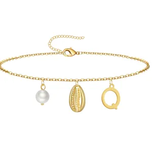 Gold anklet for women with pearl, shell and letter Q pendants, stainless steel adjustable chain.