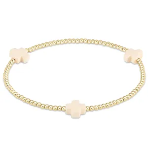 Gold Bead Bracelet with White Cross Charms Elastic Beaded Jewelry for Women Daily Wear