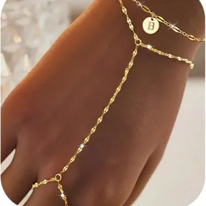 Mode Cuivre Or Chaîne À Maillons Doigt Bracelet Pour Femmes Minimaliste Disque Initiale Charme Bague-Lié Bracelet Bijoux