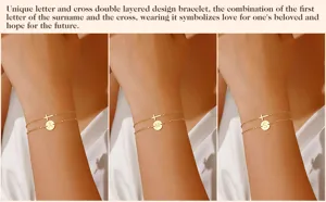 Bracciale con iniziale dorato a strati con ciondolo croce gioiello donna elegante
