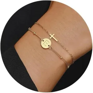 Bracciale Iniziale Oro da Donna Doppio Strato a Strati con Lettera di Perline Braccialetto in Acciaio Inossidabile con Croce Gioielli Regalo