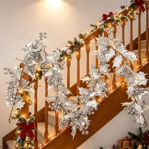Silver Christmas garland with holly leaves and berries for staircase holiday decor