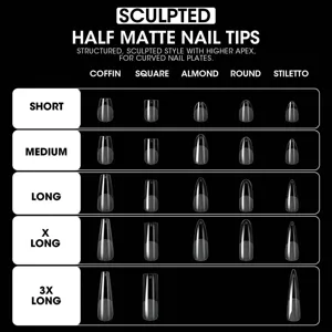 Tableau de comparaison des capsules à ongles SCULPTED semi-mates en formes et longueurs