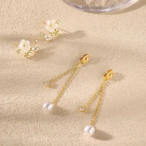 Orecchini pendenti lunghi con perla e fiore stile coreano, eleganti gioielli per le donne.