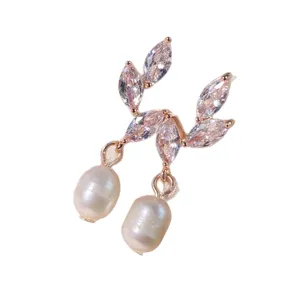 Elegantes pendientes colgantes perla circonita cúbica oro rosa boda fiesta joyería
