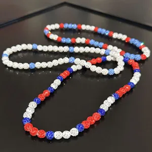 Red white and blue beaded necklace detail, sparkling crystal ball beads choker fashion jewelry.