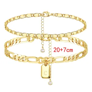 Stainless steel gold plated double layer initial C letter anklet Cuban chain for women