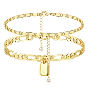 Stainless Steel Double Layer Initial Anklet For Women Gold Plated Cuban Link Heart Letter Pendant Anklet Rhinestone Foot Chain Jewelry