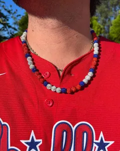 Stylish baseball bead necklace for men, trendy red white blue crystal beaded choker jewelry.