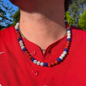 Men baseball bead necklace red white blue sparkly choker cool street style fashion jewelry gift
