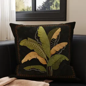 Vintage retro throw pillow with tropical banana leaf embroidery for living room sofa bed