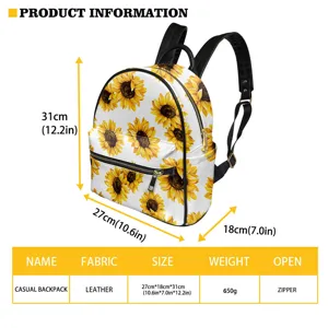 Detailansicht des Sonnenblumen Leder Rucksacks mit kompakten Maßen und praktischem Reißverschluss.