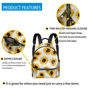 Detaillierte Ansicht des stylischen Sonnenblumen Rucksacks mit praktischen Reissverschlüssen.