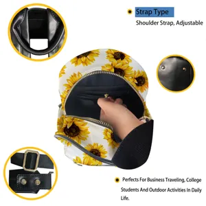 Detailansicht des Sonnenblumen-Rucksacks, verstellbare Schultergurte, stabile Metallreißverschlüsse.